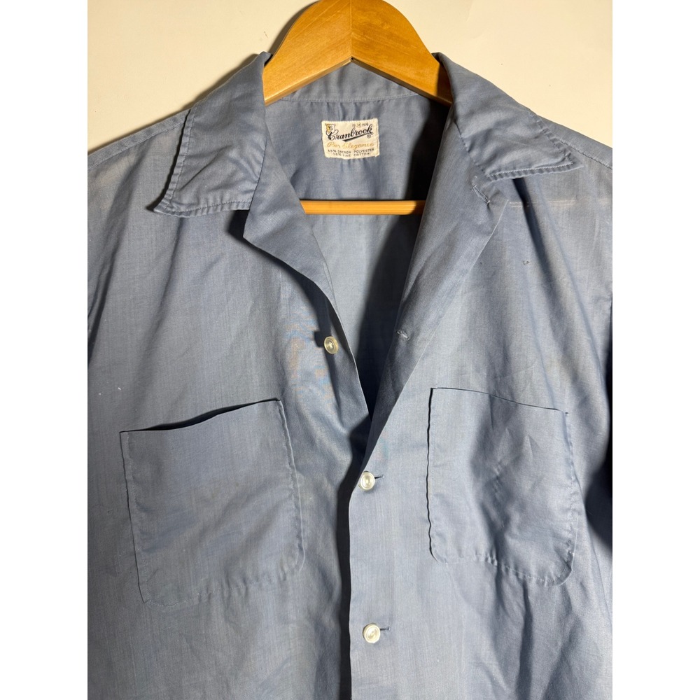 Vintage Cranbrook Blue Short Sleeve Camp Collar Button Down Shirt Medium 60s 70s